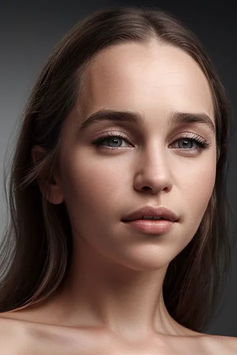 (close-up:1.0) portrait of (young:1.0) sks woman, (oiled shiny skin:1.0), (subtle profile angle:1.0),
(8k uhd:1.0), (best quality:1.0), (masterpiece:1.0), (sharp focus:1.0), (simple-grey-backdrop:1.1),
 <lora:CR-Emilia-Clarke-small-v1-malcolmrey:0.8>