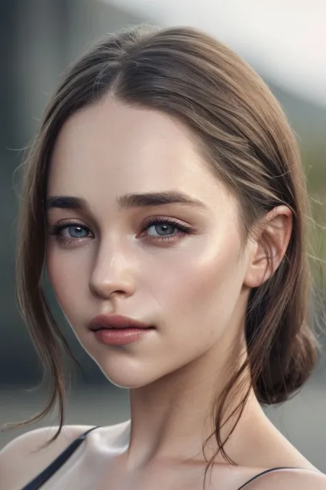 (close-up:1.0) portrait of (young:1.0) sks woman, (oiled shiny skin:1.0), (tilted-head:1.1), (tilted-angle:1.1),
(8k uhd:1.0), (best quality:1.0), (masterpiece:1.0), (sharp focus:1.0), (simple-grey-backdrop:1.1),
 <lora:CR-Emilia-Clarke-small-v1-malcolmrey:0.8>