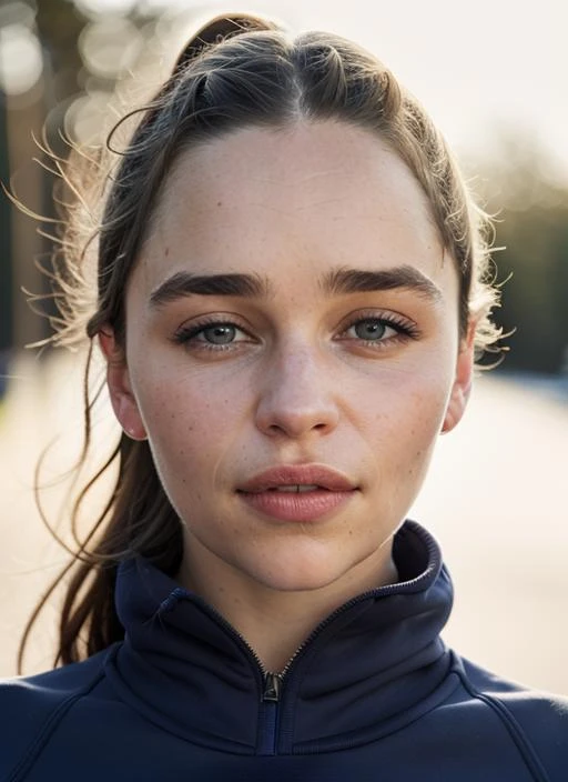 A stunning intricate color close up portrait of (sks woman:1) , wearing Sweatshirt and joggers, epic character composition, sharp focus, natural lighting, subsurface scattering, f2, 35mm, film grain, , by David LaChapelle, <lora:lora-small-emilia-clarke-v1:1>