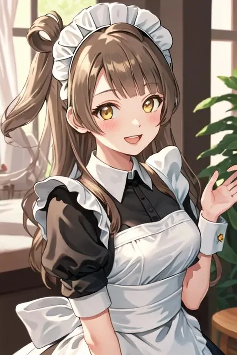 best quality, masterpiece, highres, solo, {maid:1.40}, {long maid dress:1.15}, {minami_kotori_lovelive:1.15}, long_hair, brown_hair, one_side_up, smile, blush, bow, yellow_eyes, hair_bow, brown_eyes, bangs, open_mouth, breasts