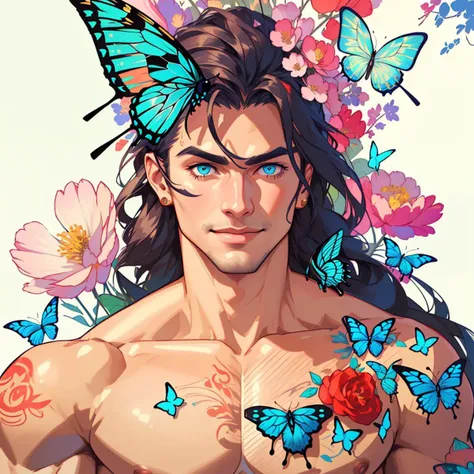 Extremely masculine muscular man, rainbow  hair, tattoos,butterfly Wings Hundreds of butterflies surround s naked man sleeping in the middle of the jungle, covering him from head to toe in rainbow colors