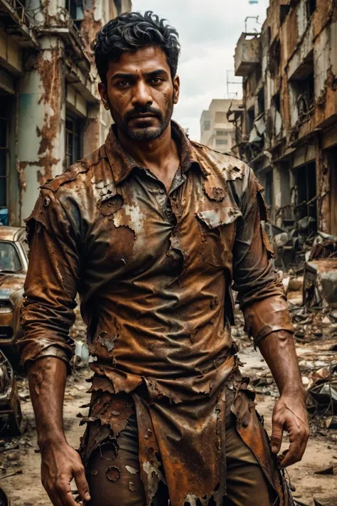 rusty4rmor, photo of a handsome ( Indian man), wearing rusty shirt, corrosion, torn clothes, fantasy wasteland background, post-apocalypse, city, realistic, masterpiece, intricate details, detailed background, depth of field,