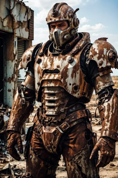 rusty4rmor, photo of a handsome (peruvian man), wearing rusty exosuit, corrosion, torn clothes, fantasy wasteland background, post-apocalypse, outdoors, realistic, masterpiece, intricate details, detailed background, depth of field,