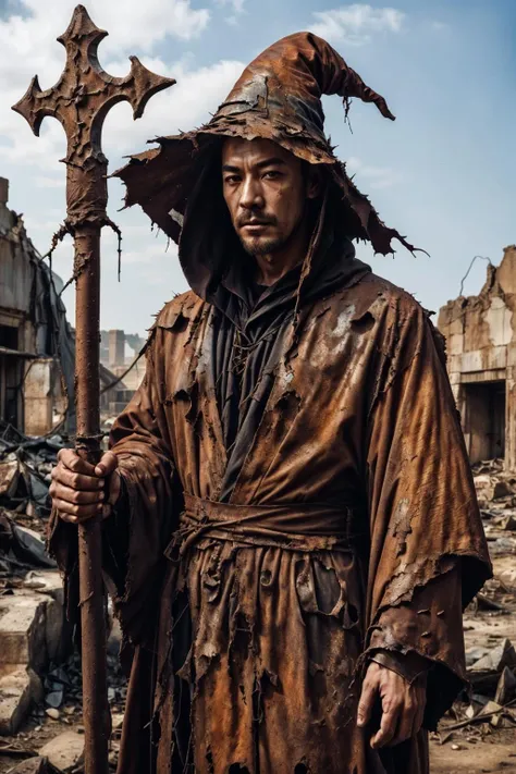 rusty4rmor, photo of a handsome (korean man), wearing rusty wizard robe, corrosion, torn clothes, fantasy wasteland background, post-apocalypse, holding staff, witch hat, ancient ruins, realistic, masterpiece, intricate details, detailed background, depth of field,