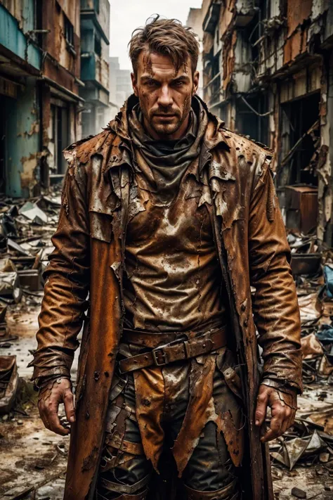 rusty4rmor, photo of a handsome (german man), wearing rusty coat, corrosion, torn clothes, fantasy wasteland background, post-apocalypse, city, realistic, masterpiece, intricate details, detailed background, depth of field,