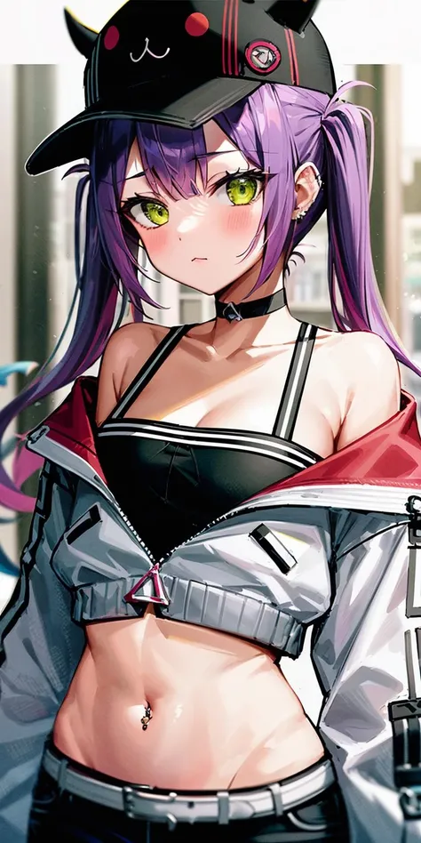 The female character shown in the images has the following characteristics: - **Hair**: Black with bright pink highlights. She has a high ponytail hairstyle, often tied with a large red bow. - **Eyes**: Large, blue in color and very expressive. - **Skin**: Claire **Face**: She wears a mask that *Clothing**: She is seen in casual clothes like a purple hoodie, as well as more gothic/punk outfits with patterns in red and black checks, accessories like necklaces and earrings. - **Accessories**: She often has a bloody knife in her hand and wears necklaces, including one with the name "JEFF" and another with "NINA". - **Posture**: She adopts relaxed but threatening postures, adding to her dangerous appearance.