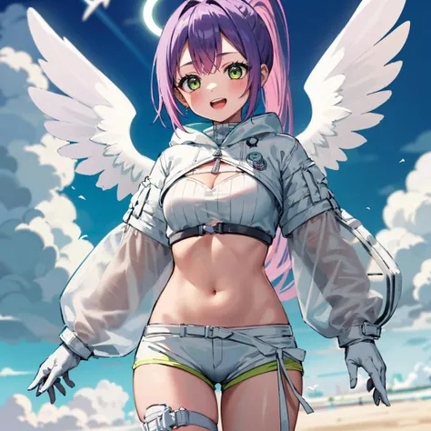 1girl, solo, heaven, clouds, light, cowboy shot, :D, towawhite, (halo), (angel wings, giant wings), high ponytail, very long hair, navel, white crop top, white jacket, cleavage, white shorts, short shorts, navel, long sleeves, white gloves, knee pads <lora:tokoyami towa 5 outfits:1>
