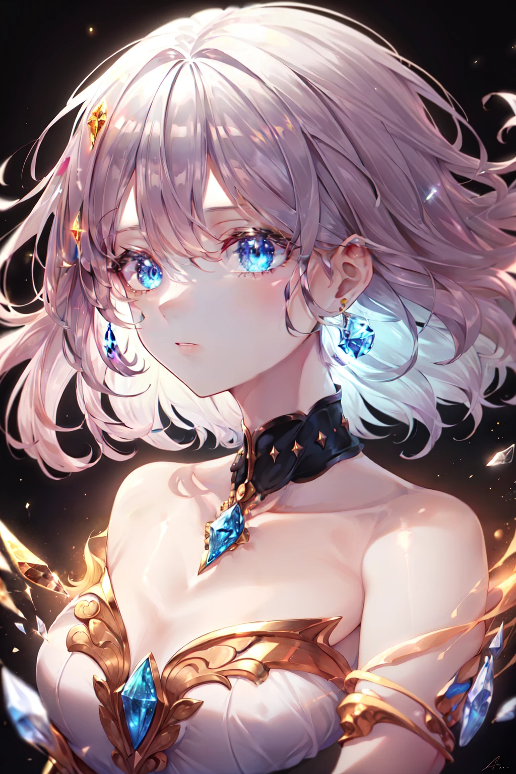 <lora:Glass_Hair:0.4> Masterpiece, 4K wallpaper, cinematic light, Absurdres, protrait 1girl, amber hair, Silver earrings, (little crystal floating:0.6), crystal floating, particle glowing, fantasy golden clothing,