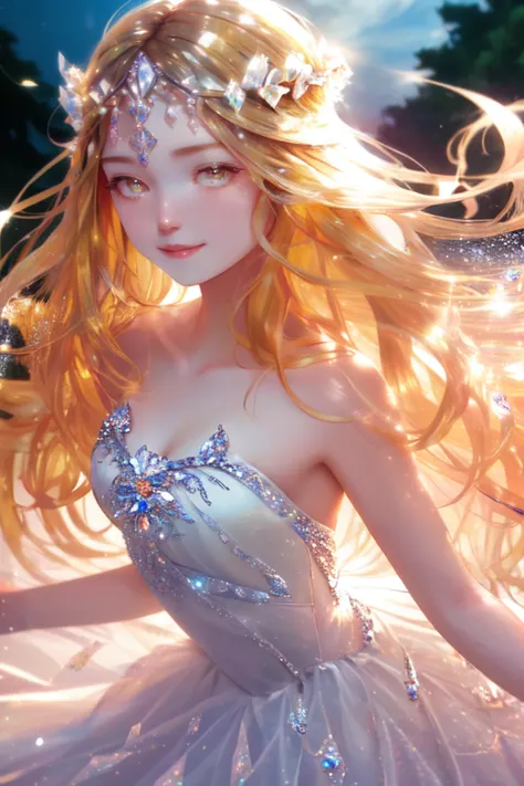 <lora:Glass_Hair:0.6> (((masterpiece))), best quality, illustration, 4K wallpaper, cinematic light, (dynamic pose angle:0.7), Absurdres, Arms down, Standing, 1girl, Floral crown, No face accessories, No neck accessories, No hand accessories, No foot accessories, Diamond earrings, Crystal red hair, Straight hair, Center-parted, (Crystal eyes), Almond eyes, White dress, happy::smile, Small bust, Crystal shards floating around her, (Floating sparkles:0.5), Late afternoon, Forest clearing, glow hair, sparkles hair,  <lora:iridescent_hair:0.8>