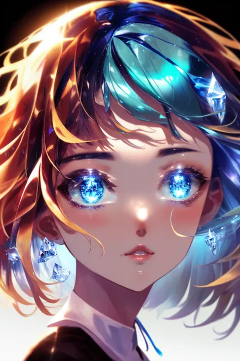<lora:Glass_Hair:0.8> (((masterpiece))), best quality, illustration, 4K wallpaper, cinematic light, Absurdres, protrait of 1girl, short hair, blue crystal hair, looking at viewer, glow hair, bloom hair, <lora:iridescent_hair:0.5>