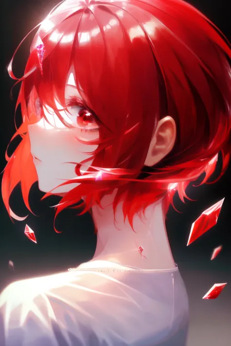 <lora:Glass_Hair:0.8> (((masterpiece))), best quality, illustration, 4K wallpaper, cinematic light, Absurdres, protrait of 1girl, short hair, red crystal hair, looking at viewer,