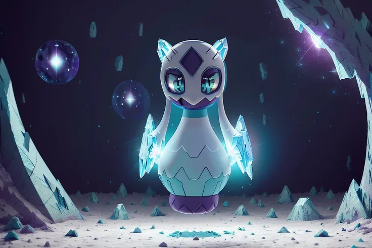 masterpiece, best quality, realistic, (wide-angle),(solo), (froslass), (pokemon), wide hips, thick thighs, female, long dress, cute, crystal (cyan:1.3) dress, night, shining moon light, clear image, cosmic stars, nebula in the sky, bioluminescent details <lora:froslass_000008:1> <lora:glassHairWIPRead_v1:0.7>