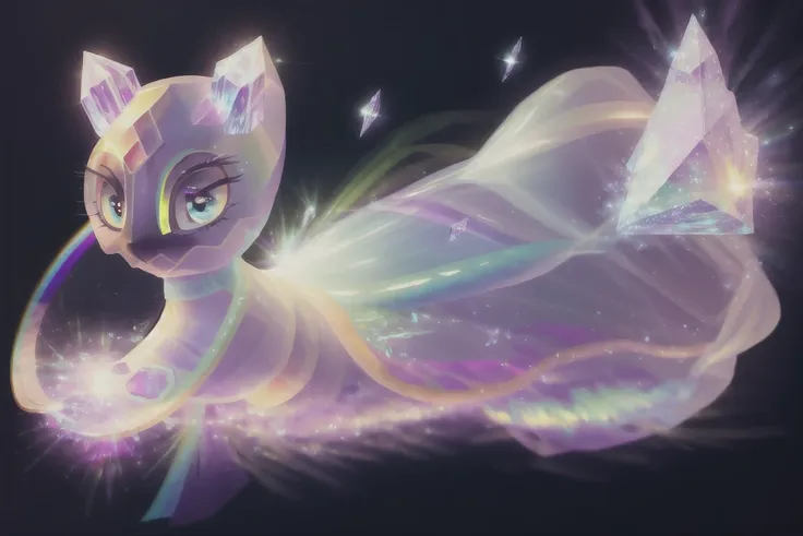 masterpiece, best quality, realistic, wide-angle, fur, wide hips, thick thighs, female, solo, froslass, pokemon, long dress, cute, crystal (rainbow:1.3) dress, night, shining in the moon light, clear image, atmospheric, cosmic starts, nebula in the sky, god rays, luminescence, radiant light rays, bioluminescent details, shimmering lightaustics <lora:froslass_000008:1> <lora:glassHairWIPRead_v1:0.7>
