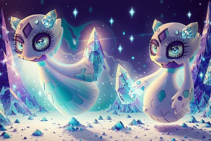 masterpiece, best quality, realistic, (wide-angle), fur, wide hips, thick thighs, female, 1, (solo), (froslass), (pokemon), long dress, cute, crystal (cyan:1.3) dress, night, shining in the moon light, clear image, cosmic stars, nebula in the sky, bioluminescent details, <lora:froslass_000008:1> <lora:glassHairWIPRead_v1:0.7>