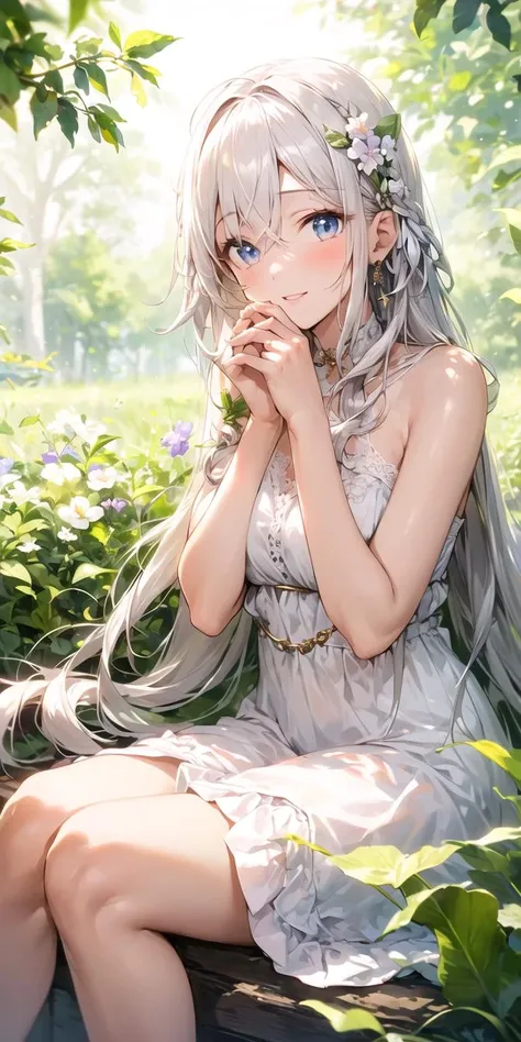 (masterpiece, best quality),1girl with long white hair sitting in a field of green plants and flowers, her hand under her chin, warm lighting, white dress, blurry foreground
<lora:apstyle3diff:1> apstyle3 apstyle masterpiece best quality detailed eyes