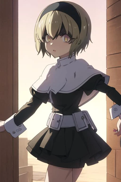 best quality, masterpiece, highres, solo, {pekora_jashinchandropkick:1.15}, short_hair, hairband, blonde_hair, black_hairband, capelet, shaded_face, shiny_hair, hair_between_eyes, 1girl, yellow_eyes, wide-eyed