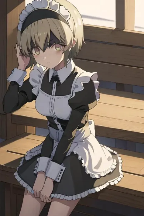 best quality, masterpiece, highres, solo, {maid:1.40}, {long maid dress:1.15}, {pekora_jashinchandropkick:1.15}, short_hair, hairband, blonde_hair, black_hairband, capelet, shaded_face, shiny_hair, hair_between_eyes