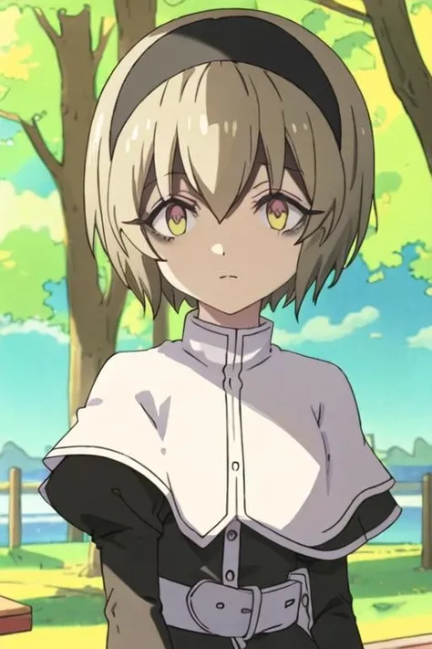 best quality, masterpiece, highres, solo, {pekora_jashinchandropkick:1.15}, short_hair, hairband, blonde_hair, black_hairband, capelet, shaded_face, shiny_hair, hair_between_eyes, 1girl, outdoors, shirt, white_shirt, tree, upper_body, yellow_eyes, shiny, day, t-shirt, clothes_writing