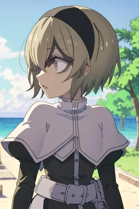 best quality, masterpiece, highres, solo, {pekora_jashinchandropkick:1.15}, short_hair, hairband, blonde_hair, black_hairband, capelet, shaded_face, shiny_hair, hair_between_eyes, 1girl, belt, black_dress, bush, dress, fruit, long_sleeves, outdoors, profile, white_belt, food, parted_lips, puffy_sleeves, purple_eyes, sky, white_capelet, bangs, tree
