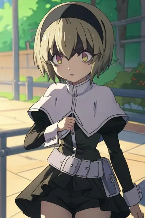 best quality, masterpiece, highres, solo, {pekora_jashinchandropkick:1.15}, short_hair, hairband, blonde_hair, black_hairband, capelet, shaded_face, shiny_hair, hair_between_eyes