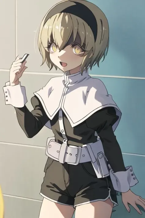 best quality, masterpiece, highres, solo, {pekora_jashinchandropkick:1.15}, short_hair, hairband, blonde_hair, black_hairband, capelet, shaded_face, shiny_hair, hair_between_eyes, 1girl, looking_at_viewer, open_mouth, shiny, shirt, tiles, white_shirt, yellow_eyes, black_shorts, clothes_writing, shorts, wide-eyed, hair_ornament