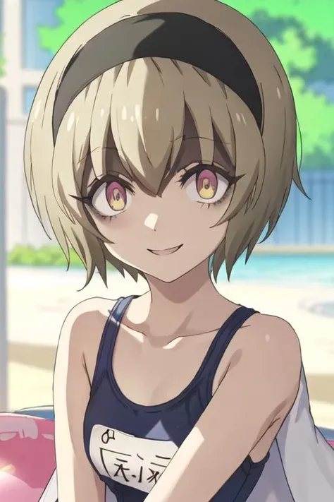best quality, masterpiece, highres, solo, {pekora_jashinchandropkick:1.15}, short_hair, hairband, blonde_hair, black_hairband, capelet, shaded_face, shiny_hair, hair_between_eyes, 1girl, bare_shoulders, blue_one-piece_swimsuit, collarbone, one-piece_swimsuit, school_swimsuit, swimsuit, upper_body, bangs, shiny, looking_at_viewer, multicolored_eyes, wide-eyed, name_tag, outdoors, day, hair_ornament, tree, yellow_eyes, blurry, closed_mouth, constricted_pupils, open_mouth, smile