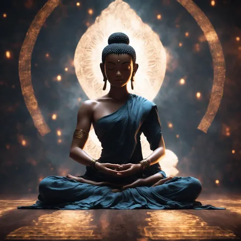 full-length shot, beautiful, cinematic, perfect eyes, perfect face, perfect lighting, buddha, meditating pose, surreal background of dark tones, light pouring from above, mystical symbols engraved in the background, <lora:niji3D_test_v2:1>