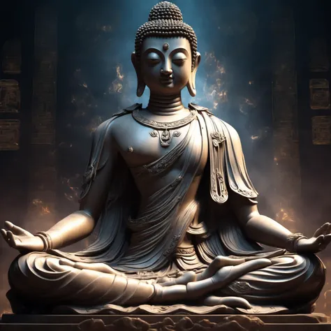 full-length shot, beautiful, cinematic, perfect eyes, perfect face, perfect lighting, buddha, meditating pose, surreal background of dark tones, light pouring from above, mystical symbols engraved in the background, <lora:niji3D_test_v2:1>