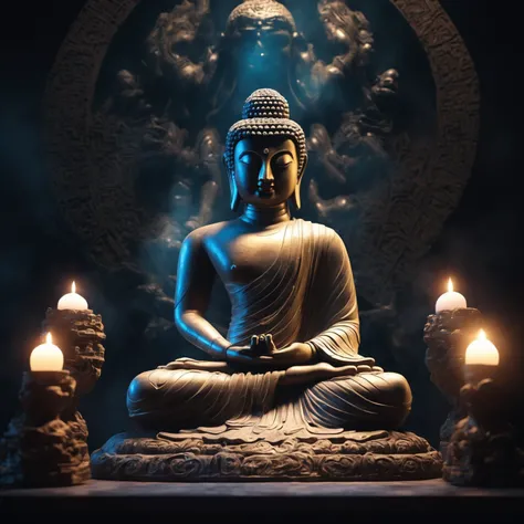 full-length shot, beautiful, cinematic, perfect eyes, perfect face, perfect lighting, buddha, meditating pose, surreal background of dark tones, light pouring from above, mystical symbols engraved in the background, <lora:niji3D_test_v2:1>