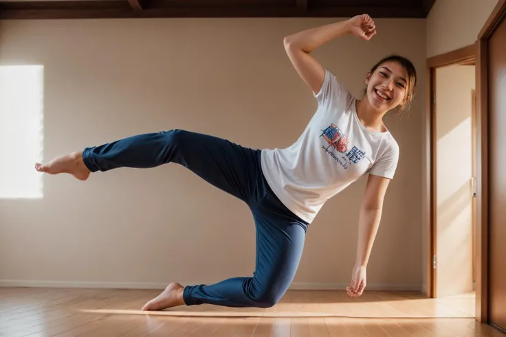full body,photo of a 18 year old girl,practicing Martial arts,happy,laughing,shirt,pants,ray tracing,detail shadow,shot on Fujifilm X-T4,85mm f1.2,depth of field,blurry background,bokeh,motion blur,<lora:add_detail:1>,