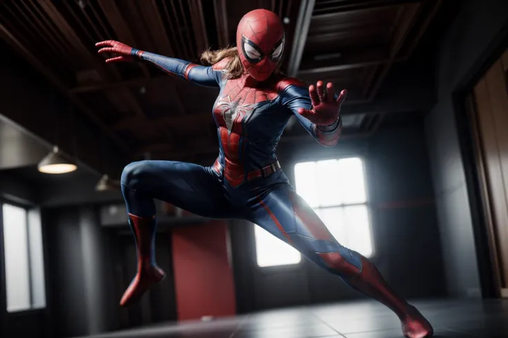 Marvel movies,full body,photo of a 18 year old girl,spiderman,practicing Martial arts,happy,laughing,ray tracing,detail shadow,shot on Fujifilm X-T4,85mm f1.2,depth of field,bokeh,motion blur,<lora:add_detail:1>,