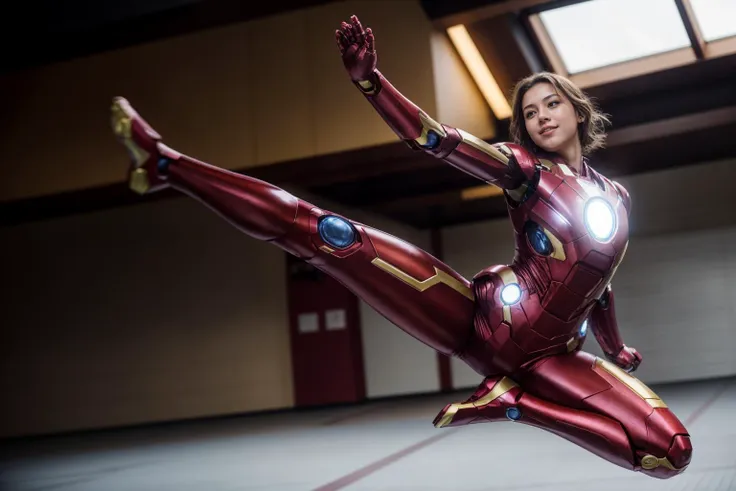 Marvel movies,full body,from below,photo of a 18 year old girl,ironman,practicing Martial arts,flying kick,happy,laughing,pants,ray tracing,detail shadow,shot on Fujifilm X-T4,85mm f1.2,depth of field,blurry background,bokeh,motion blur,<lora:add_detail:1>,