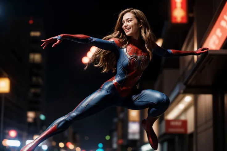 Marvel movies,full body,photo of a 18 year old girl,spiderman,practicing Martial arts,happy,laughing,ray tracing,detail shadow,shot on Fujifilm X-T4,85mm f1.2,depth of field,bokeh,motion blur,<lora:add_detail:1>,