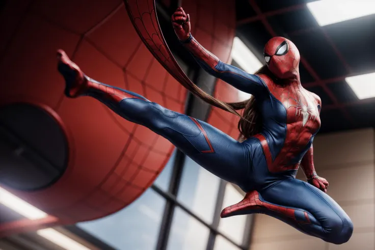 Marvel movies,full body,from below,photo of a 18 year old girl,spiderman,practicing Martial arts,flying kick,happy,laughing,pants,ray tracing,detail shadow,shot on Fujifilm X-T4,85mm f1.2,depth of field,blurry background,bokeh,motion blur,<lora:add_detail:1>,