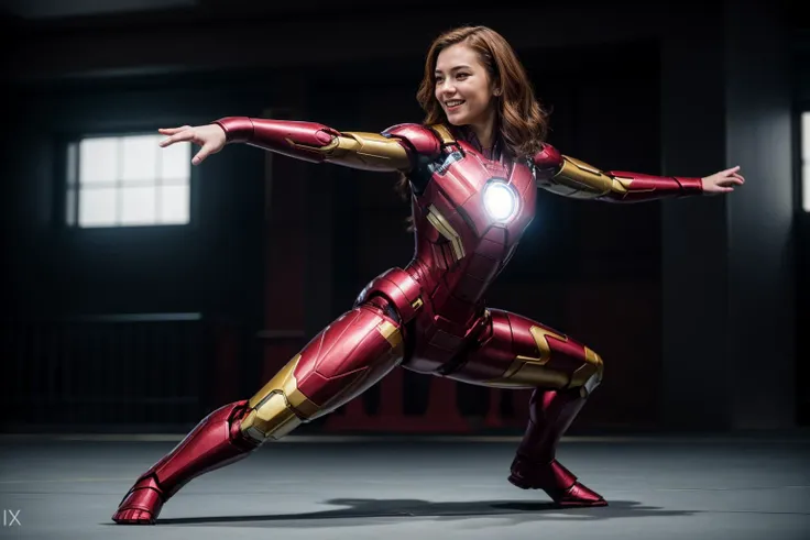 Marvel movies,full body,photo of a 18 year old girl,ironman,practicing Martial arts,happy,laughing,ray tracing,detail shadow,shot on Fujifilm X-T4,85mm f1.2,depth of field,bokeh,motion blur,<lora:add_detail:1>,