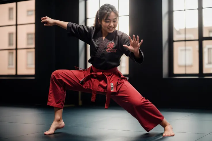 full body,photo of a 18 year old girl,practicing Martial arts,happy,laughing,shirt,pants,ray tracing,detail shadow,shot on Fujifilm X-T4,85mm f1.2,depth of field,bokeh,motion blur,<lora:add_detail:1>,