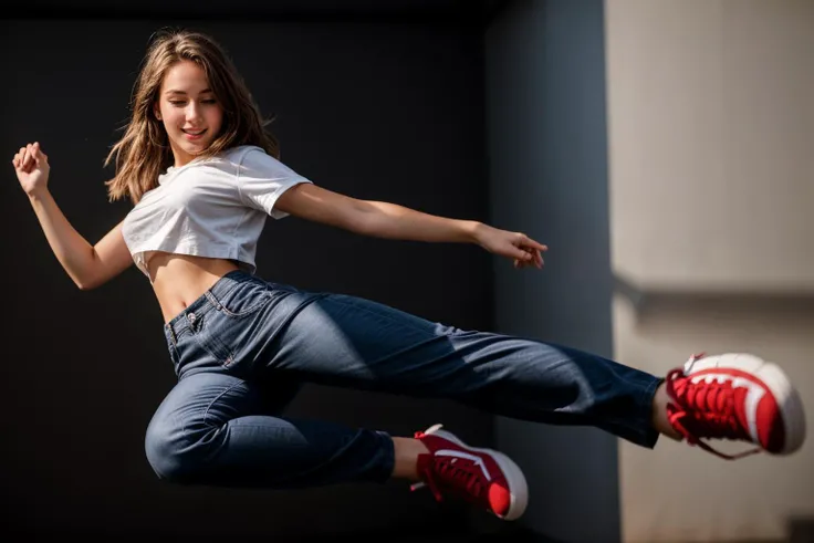 full body,photo of a 18 year old girl,flying kick,happy,shirt,pants,ray tracing,detail shadow,shot on Fujifilm X-T4,85mm f1.2,depth of field,blurry background,bokeh,motion blur,<lora:add_detail:1>,