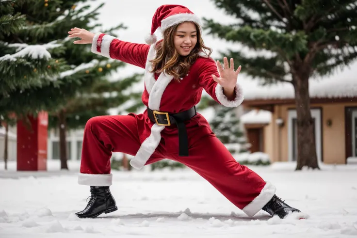 full body,photo of a 18 year old girl,practicing Martial arts,happy,laughing,Santa Clausâs outfit,Red Coat,Red Hat,Red Trousers,Black Belt,Black Boots,White Gloves,christmas theme,Christmas tree,snowman,outdoor,windy,heavy snow,detail background,ray tracing,detail shadow,shot on Fujifilm X-T4,85mm f1.2,depth of field,bokeh,motion blur,<lora:add_detail:1>,