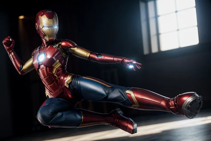 Marvel movies,full body,photo of a 18 year old girl,ironman,flying kick,happy,ray tracing,detail shadow,shot on Fujifilm X-T4,85mm f1.2,depth of field,blurry background,bokeh,motion blur,<lora:add_detail:1>,