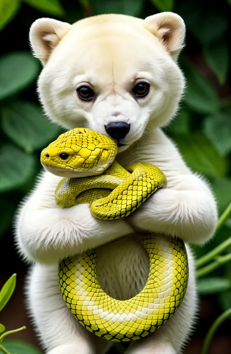 (AS-Youngest)  [32k|16k|best-quality],Friendship between a young snake and a polar bear 🐍🐻‍❄️ <lora:seaSnake:0.3> <lora:single thumbs up_2023-07-02_233302-000005:0.2>   Warm natural background, meadow or small garden 🌼🌿
Bright and soft to illuminate the lively look of the young snake ☀️
Bright green or other warm colours to emphasise the cuteness and liveliness of the snake cub 🟢🎨
 😆