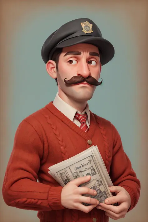 portrait of a man, mustache, paperboy hat, felt sweater