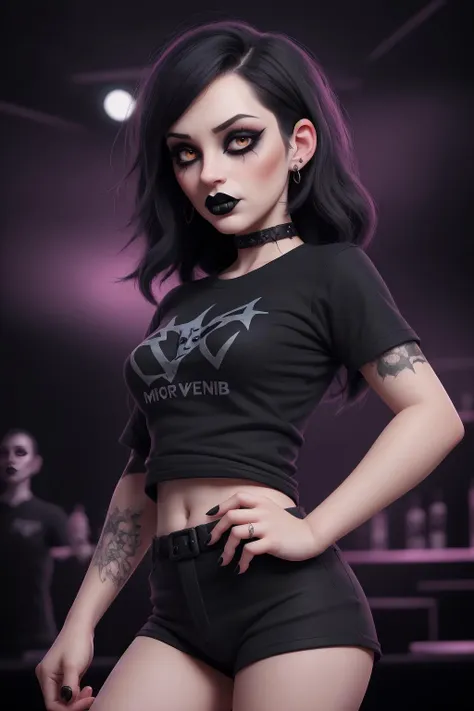 portrait of a woman , goth chick, dark makeup, baggy black band t-shirt, dark nightclub background