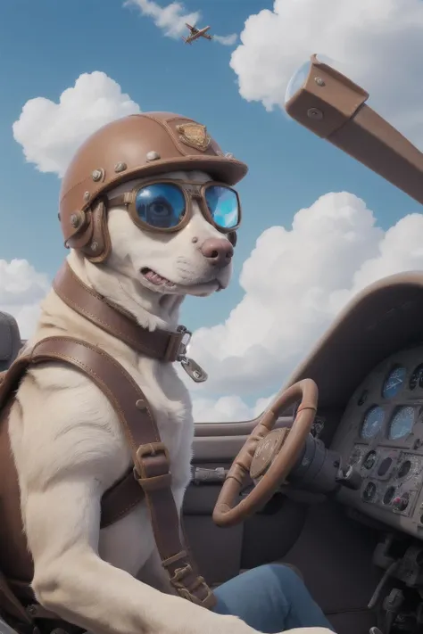 portrait of a dog flying a plane, leather pilots helmet, goggles, clouds and blue sky background, sitting cockpit
