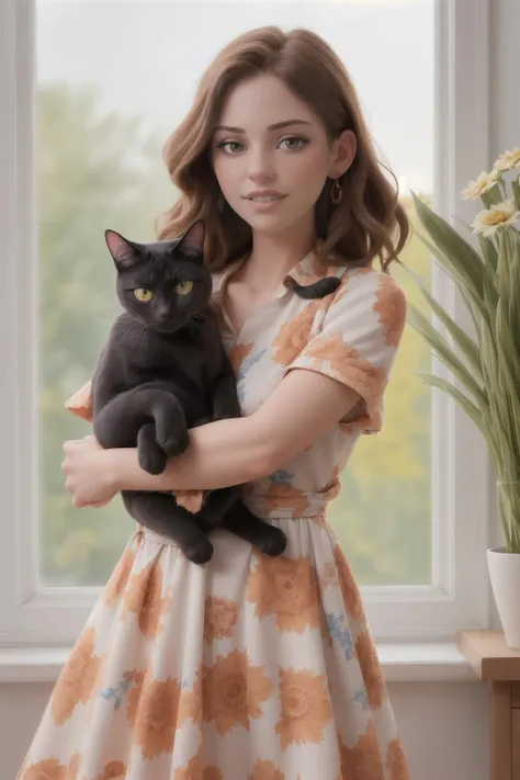 portrait of a woman, holding a cat, wearing a sun dress with floral print, window in background, sunshine