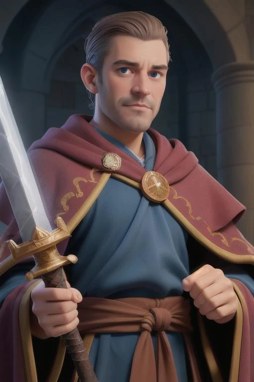portrait of a man, wearing wizard robe, holding a glowing sword, castle in background, closeup