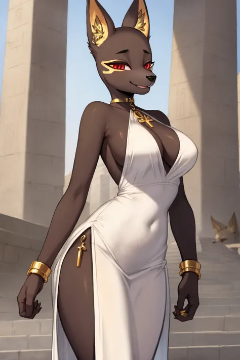 masterpiece, best quality, 1girl, anubis, red eyes, furry, smile, animal ears, gold bracelet, furry female, horny, white sexy dress, sketch, standing, egyptian temple background <lora:Anubis:1>