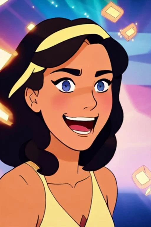 (aubreyplazav2-300:1.0) with big eyes and smiling, floating through outer space with asteroids and rocks, dynamic lighting, dwspop style