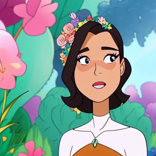 a beautiful photo of a woman (aubreyplazav1-7375:0.733) with big eyes walking through a forest with flowers, dwspop style