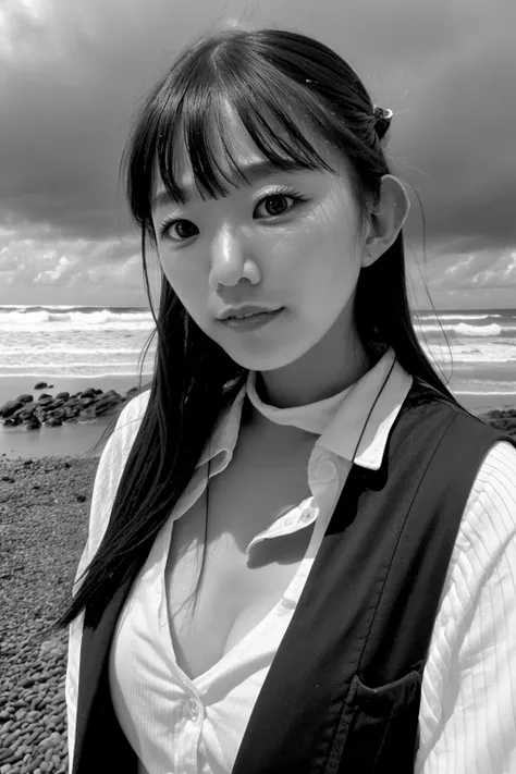 b&w photo of woman, mnagasawa, long hair, half body, body, high detailed skin, skin pores, coastline, overcast weather, wind, waves, 8k uhd, dslr, soft lighting, high quality, film grain, Fujifilm XT3 <lora:MNagasawa:1>