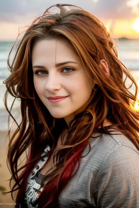 <lora:kr3st2nst2w1rt:0.9>, a Realistic Full Body Portrait of a kr3st2nst2w1rt woman with grey eyes and long red messy Hair style, beautiful, detailed face, smiling, perfect eyes, (highly detailed skin:1.1), perfect body, modelshoot style, wearing casual clothes, soft lighting, professional Photography, Photorealistic, detailed eyes, beach at sunset background, blurred background, RAW, analog, sharp focus, 8k, HD, DSLR, high quality, Fujifilm XT3, film grain, award winning, masterpiece